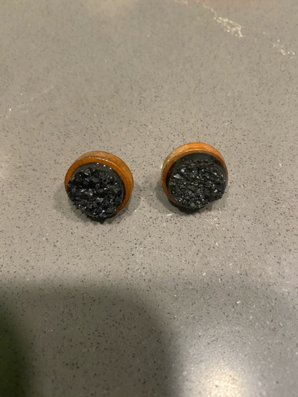 Round Wood and Black Druzy Stud Earrings